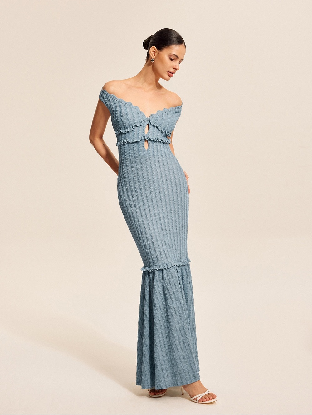 Commense Powder Blue Cable Knit Ruffle Dress - Picture 2 of 9